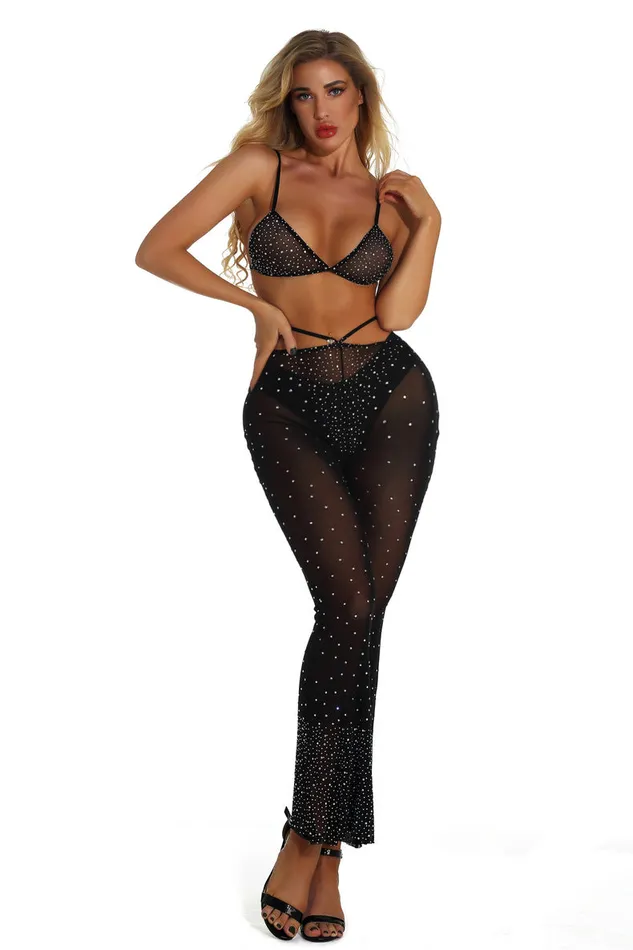 THE LUMI SHOP Black Rhinestone Top Pants Set Rings