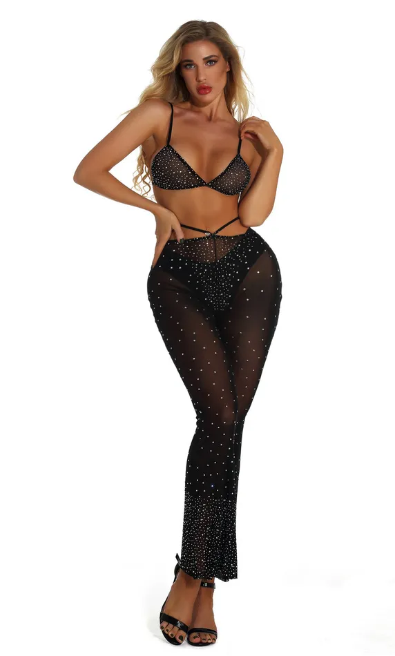THE LUMI SHOP Black Rhinestone Top Pants Set Rings