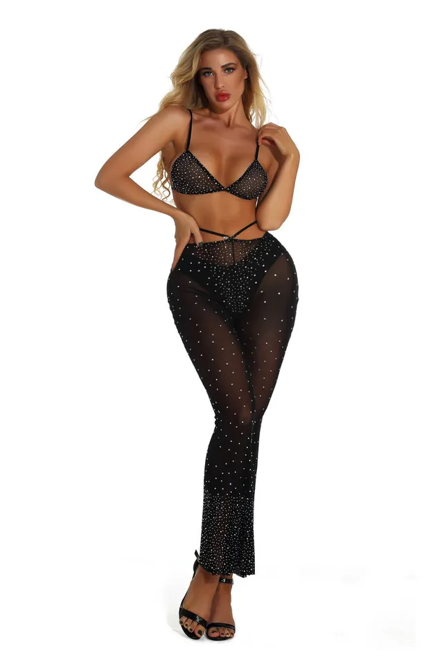 THE LUMI SHOP Black Rhinestone Top Pants Set Rings