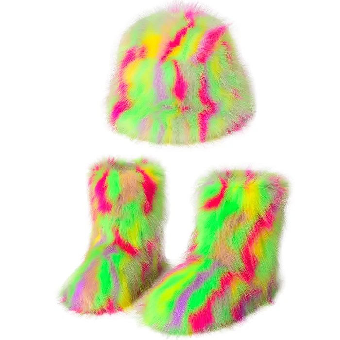 THE LUMI SHOP Earrings Neon Green Fuzzy Hat Boots Set