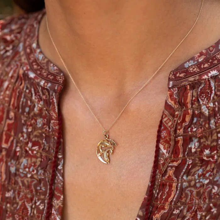 Vintage Necklaces Pisces and Half Moon 9k Gold Zodiac Charm