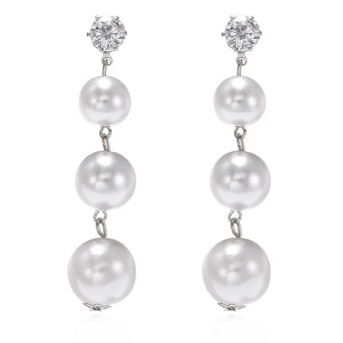 01 E1430 Silver Triple Pearl Dangle with Rhinestone Earrings Earrings
