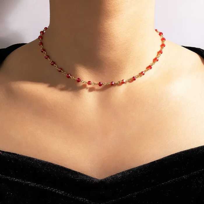 01 Necklaces N569 Gold Iridescent Red Bead Choker Necklace with FREE EARRINGS