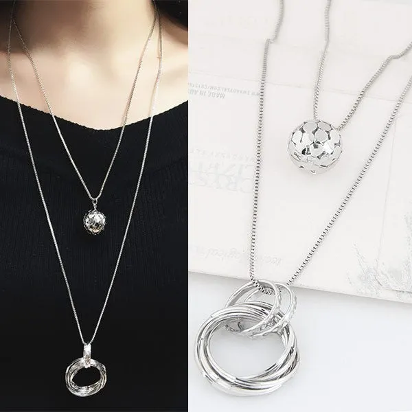 01 Necklaces N593 Silver Double Chain Ball Rings Necklace with FREE Earrings