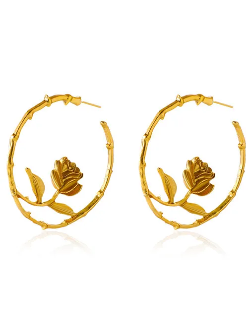 02 E1598 Gold Textured Hoop with Rose Earrings Earrings
