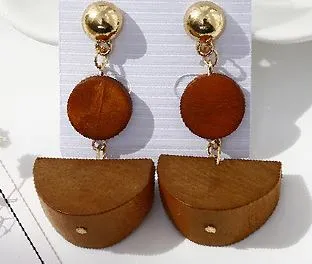 02 Earrings E345 Brown Wooden Circle with Half Moon Earrings