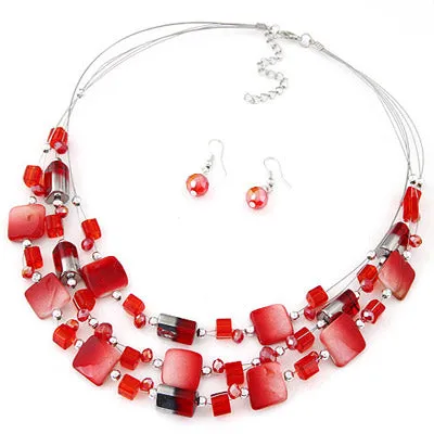 02 Necklaces N530 Red Gemstone Multi Layer Necklace with FREE Earrings