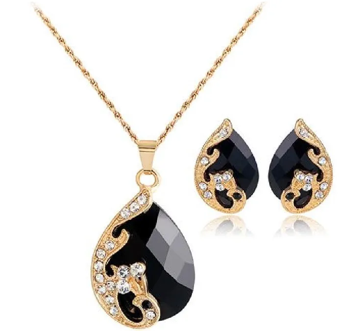 02 Necklaces N881 Black Gem Teardrop Necklace with FREE Earrings