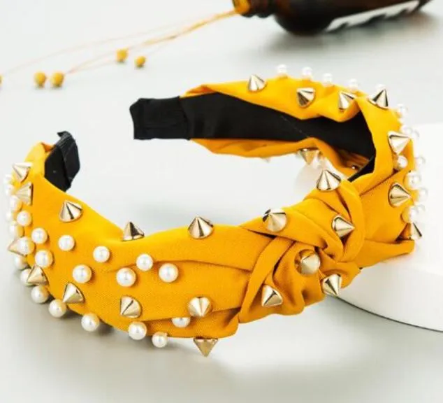02 Rings H224 Golden Yellow Pearls and Rivets Head Band