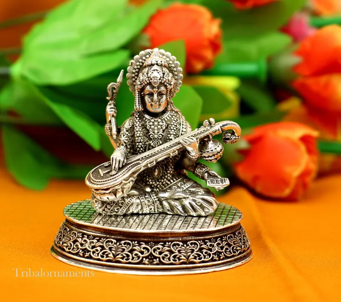 925 Sterling silver handmade customized Hindu idol Saraswati sharda maa statue puja article figurineDiwali puja gift Articles art219 TRIBAL ORNAMENTS Necklaces