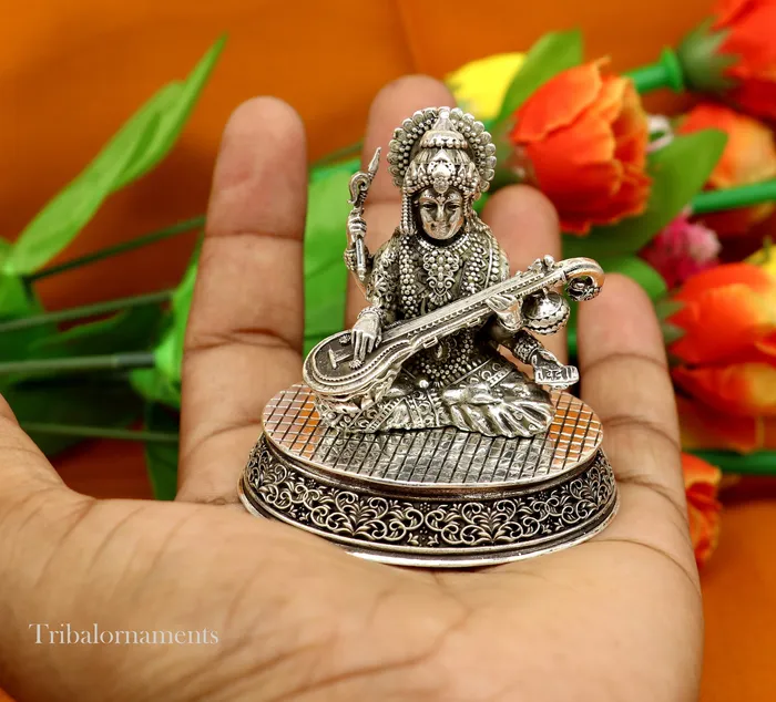 925 Sterling silver handmade customized Hindu idol Saraswati sharda maa statue puja article figurineDiwali puja gift Articles art219 TRIBAL ORNAMENTS Necklaces