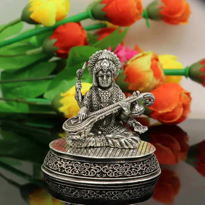 925 Sterling silver handmade customized Hindu idol Saraswati sharda maa statue puja article figurineDiwali puja gift Articles art219 TRIBAL ORNAMENTS Necklaces