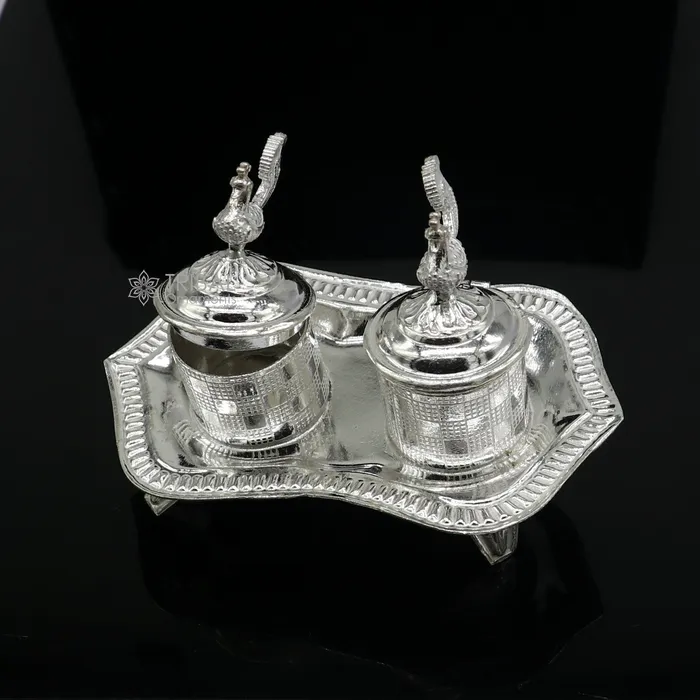 925 sterling silver handmade fabulous peacock design combo of two trinket box for kumkum sindur abil gulal rice best puja article stb827 TRIBAL ORNAMENTS Necklaces