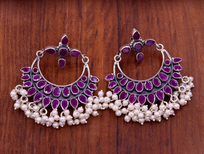 925 sterling silver handmade stylish modern chandelier drop dangle stud earring fabulous hanging pearl with gemstone tribal jewelry s718 TRIBAL ORNAMENTS Earrings