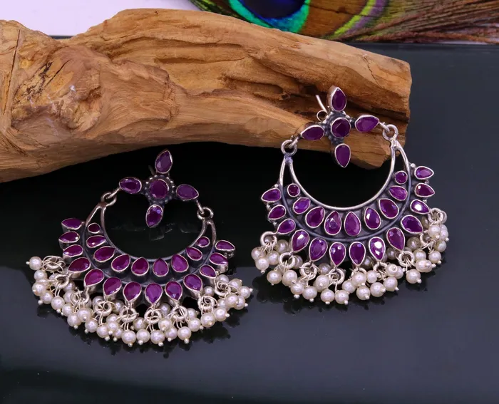 925 sterling silver handmade stylish modern chandelier drop dangle stud earring fabulous hanging pearl with gemstone tribal jewelry s718 TRIBAL ORNAMENTS Earrings