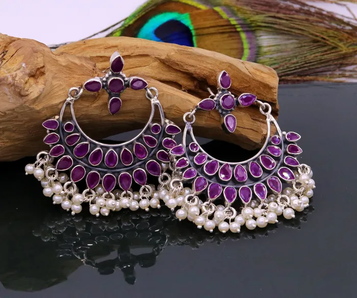 925 sterling silver handmade stylish modern chandelier drop dangle stud earring fabulous hanging pearl with gemstone tribal jewelry s718 TRIBAL ORNAMENTS Earrings