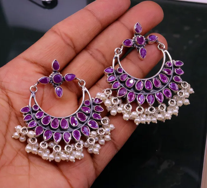 925 sterling silver handmade stylish modern chandelier drop dangle stud earring fabulous hanging pearl with gemstone tribal jewelry s718 TRIBAL ORNAMENTS Earrings
