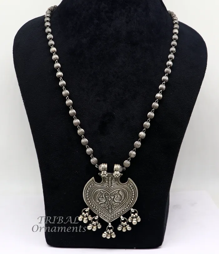 925 Sterling silver handmade vintage design pendant with beaded necklace hangings bells excellent tribal ethnic jewelry Rajasthan set518 TRIBAL ORNAMENTS Necklaces