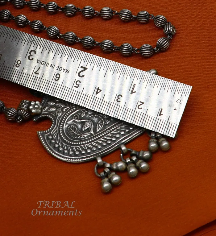 925 Sterling silver handmade vintage design pendant with beaded necklace hangings bells excellent tribal ethnic jewelry Rajasthan set518 TRIBAL ORNAMENTS Necklaces 925 Sterling silver handmade vintage design pendant with beaded necklace hangings bells excellent tribal ethnic jewelry Rajasthan set518 TRIBAL ORNAMENTS Necklaces