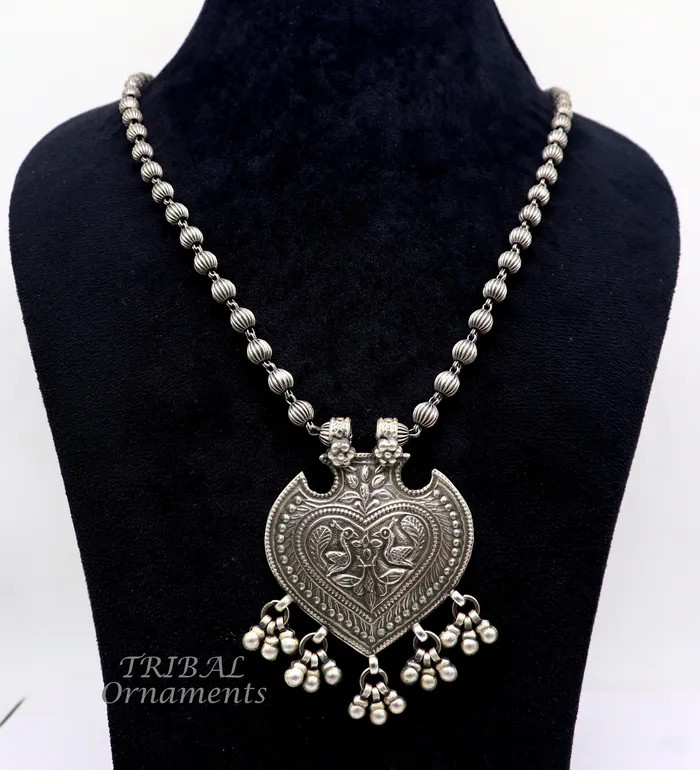 925 Sterling silver handmade vintage design pendant with beaded necklace hangings bells excellent tribal ethnic jewelry Rajasthan set518 TRIBAL ORNAMENTS Necklaces 925 Sterling silver handmade vintage design pendant with beaded necklace hangings bells excellent tribal ethnic jewelry Rajasthan set518 TRIBAL ORNAMENTS Necklaces