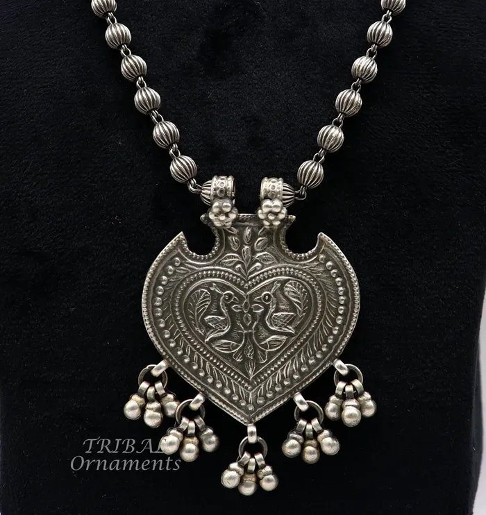 925 Sterling silver handmade vintage design pendant with beaded necklace hangings bells excellent tribal ethnic jewelry Rajasthan set518 TRIBAL ORNAMENTS Necklaces 925 Sterling silver handmade vintage design pendant with beaded necklace hangings bells excellent tribal ethnic jewelry Rajasthan set518 TRIBAL ORNAMENTS Necklaces