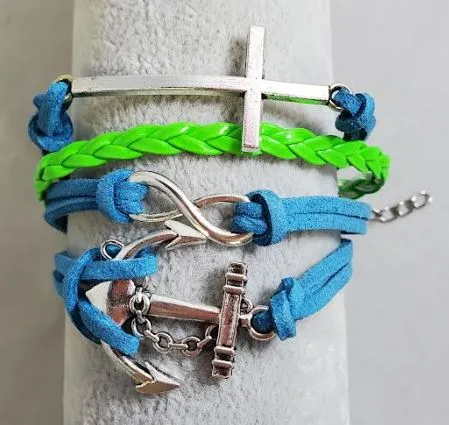 alice AZ1360 Turquoise Lime Cross Anchor Infinity Layer Leather Bracelet Bracelets alice AZ1360 Turquoise Lime Cross Anchor Infinity Layer Leather Bracelet Bracelets