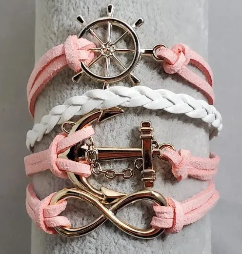alice AZ1374 Light Pink White Ship Wheel Anchor Infinity Layer Leather Bracelet Bracelets alice AZ1374 Light Pink White Ship Wheel Anchor Infinity Layer Leather Bracelet Bracelets