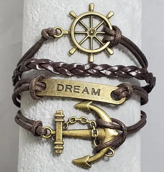 alice AZ739 Brown Dream Anchor Ship Wheel Infinity Leather Layer Bracelet Bracelets
