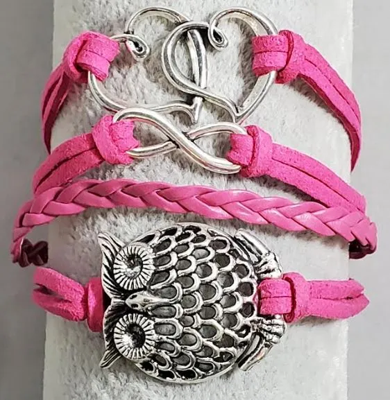 alice Bracelets AZ1128 Hot Pink Heart Owl Infinity Leather Bracelet