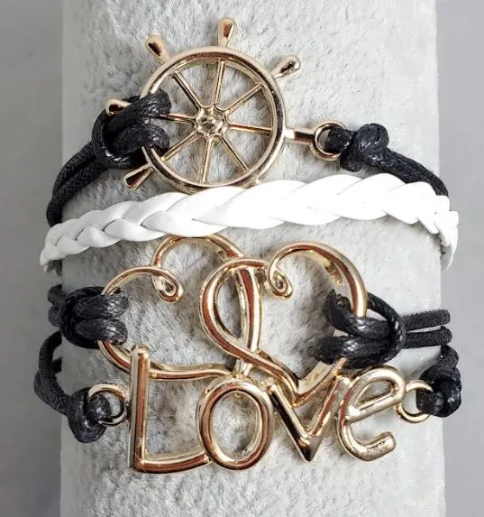 alice Bracelets AZ1261 Black White Ship Wheel Love Heart Infinity Layer Leather Bracelet alice Bracelets AZ1261 Black White Ship Wheel Love Heart Infinity Layer Leather Bracelet