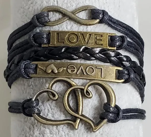 alice Bracelets AZ567 Black Love Heart Infinity Leather Layer Bracelet