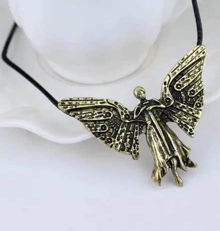 alice Necklaces AZ673 Gold Angel on Leather Cord Necklace with FREE EARRINGS