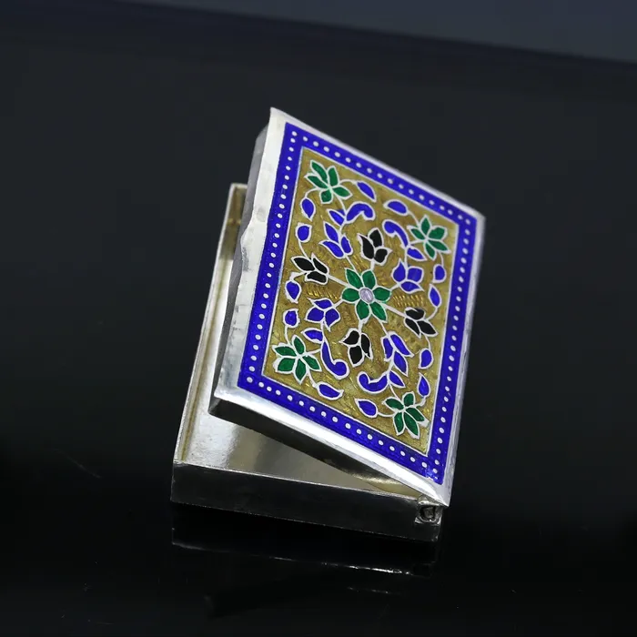 Awesome vintage style 925 pure silver green floral enamel work trinket box jewelry box pills box silver articles brides gifting stb22 TRIBAL ORNAMENTS Rings