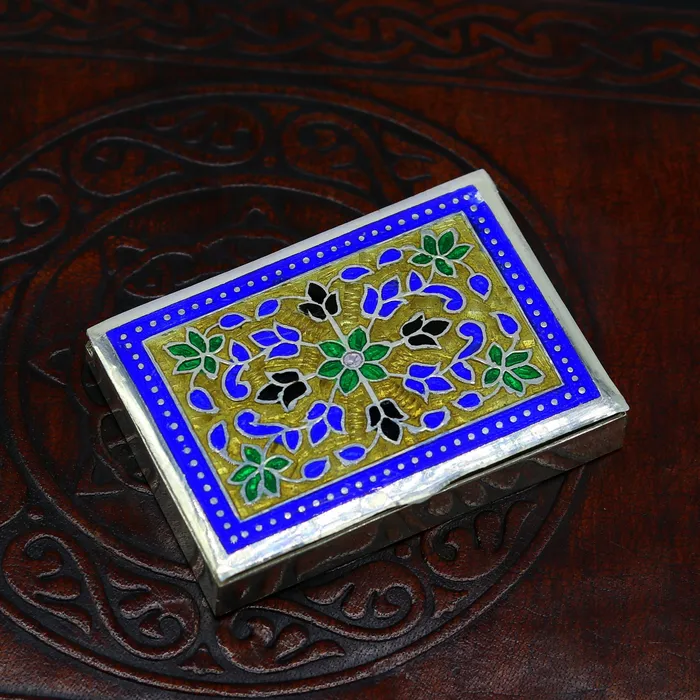 Awesome vintage style 925 pure silver green floral enamel work trinket box jewelry box pills box silver articles brides gifting stb22 TRIBAL ORNAMENTS Rings