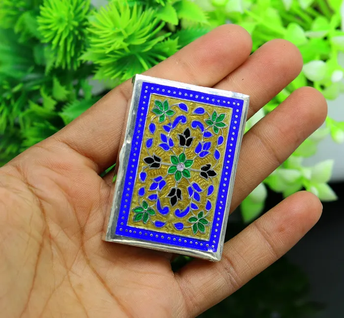 Awesome vintage style 925 pure silver green floral enamel work trinket box jewelry box pills box silver articles brides gifting stb22 TRIBAL ORNAMENTS Rings