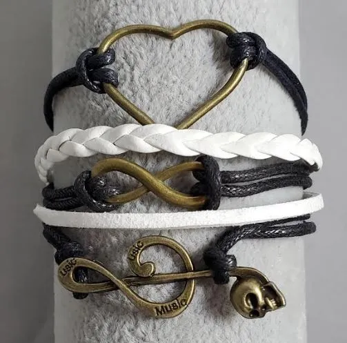 AZ1020 Black White Heart Music Note Infinity Layer Leather Bracelet alice Bracelets AZ1020 Black White Heart Music Note Infinity Layer Leather Bracelet alice Bracelets
