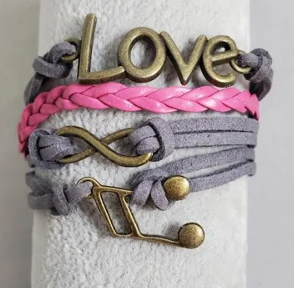 AZ1290 Gray Pink Love Music Note Infinity Layer Leather Bracelet alice Bracelets AZ1290 Gray Pink Love Music Note Infinity Layer Leather Bracelet alice Bracelets