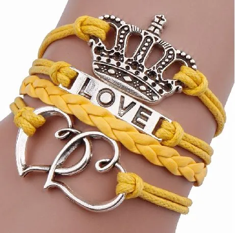 AZ342 Yellow Crown Love Heart Leather Layer Bracelet alice Bracelets