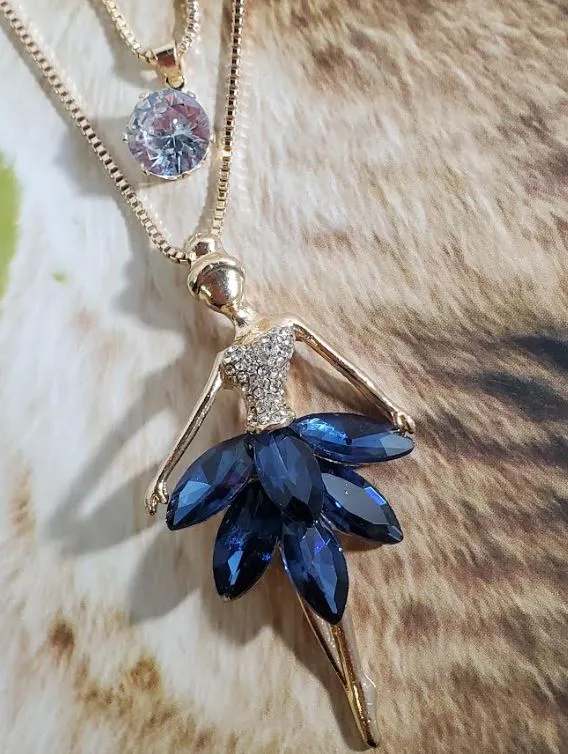AZ699 Gold Blue Gemstone Ballerina Necklace with FREE EARRINGS polly Necklaces
