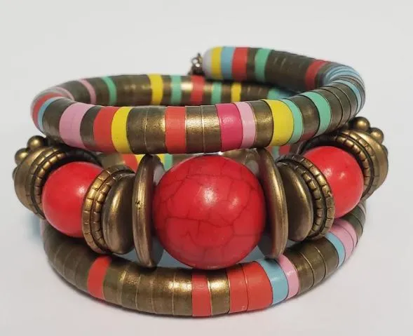 B397 Bronze Triple Red Crackle Bead Colorful Coil Bracelet POLLY Bracelets