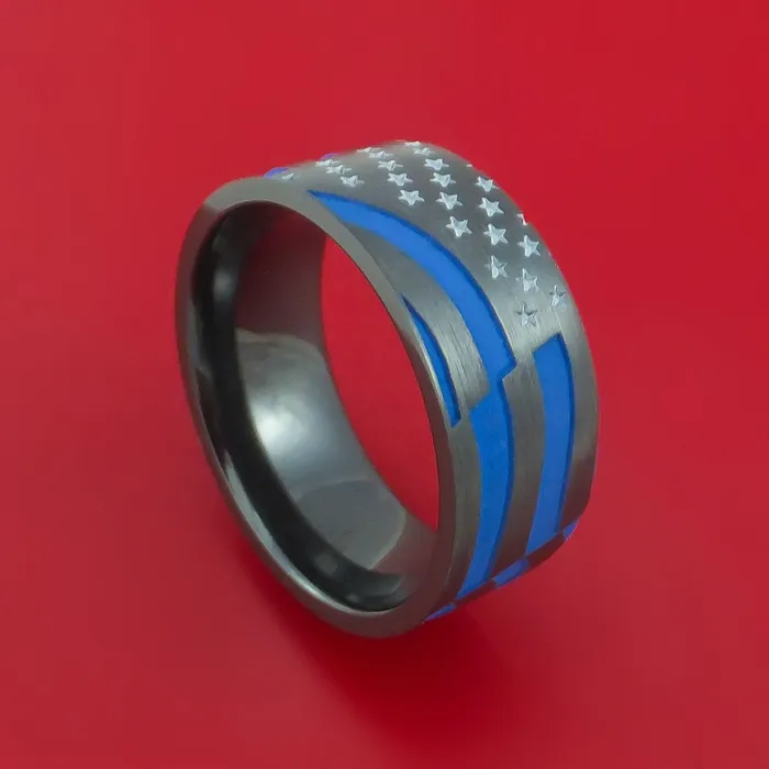 Black Zirconium Ring with United States Flag Stars and Stripes LaserEtched Pattern and Cerakote Inlays Custom Made Band Lashbrook Rings