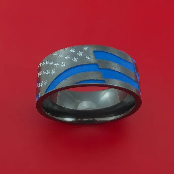 Black Zirconium Ring with United States Flag Stars and Stripes LaserEtched Pattern and Cerakote Inlays Custom Made Band Lashbrook Rings Black Zirconium Ring with United States Flag Stars and Stripes LaserEtched Pattern and Cerakote Inlays Custom Made Band Lashbrook Rings