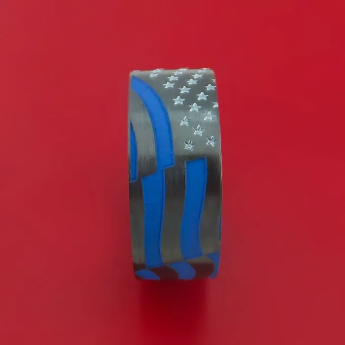 Black Zirconium Ring with United States Flag Stars and Stripes LaserEtched Pattern and Cerakote Inlays Custom Made Band Lashbrook Rings Black Zirconium Ring with United States Flag Stars and Stripes LaserEtched Pattern and Cerakote Inlays Custom Made Band Lashbrook Rings