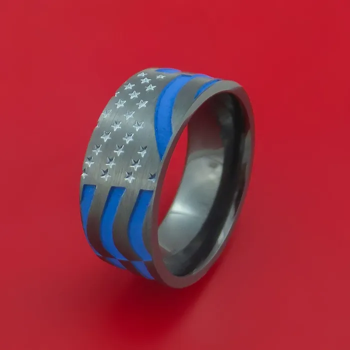Black Zirconium Ring with United States Flag Stars and Stripes LaserEtched Pattern and Cerakote Inlays Custom Made Band Lashbrook Rings Black Zirconium Ring with United States Flag Stars and Stripes LaserEtched Pattern and Cerakote Inlays Custom Made Band Lashbrook Rings