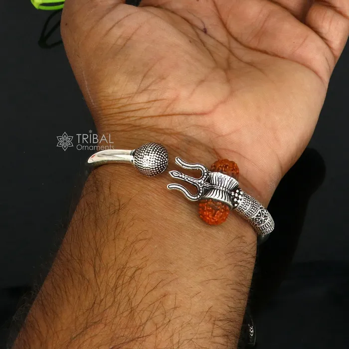 Bracelets 925 Sterling silver handmade plain shiny Lord Shiva trident Trishul Kada bangle bracelet with natural Rudraksha customized kada nsk765 TRIBAL ORNAMENTS