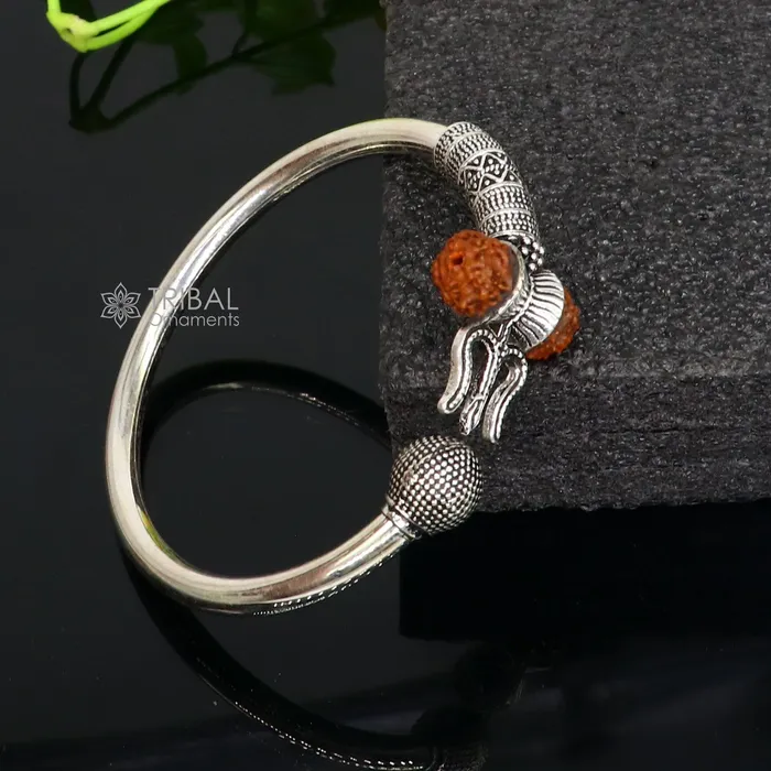 Bracelets 925 Sterling silver handmade plain shiny Lord Shiva trident Trishul Kada bangle bracelet with natural Rudraksha customized kada nsk765 TRIBAL ORNAMENTS
