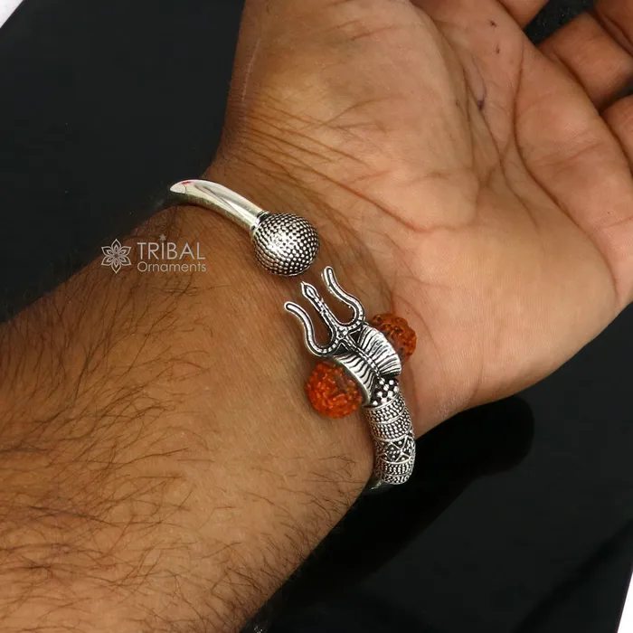 Bracelets 925 Sterling silver handmade plain shiny Lord Shiva trident Trishul Kada bangle bracelet with natural Rudraksha customized kada nsk765 TRIBAL ORNAMENTS