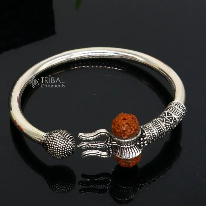 Bracelets 925 Sterling silver handmade plain shiny Lord Shiva trident Trishul Kada bangle bracelet with natural Rudraksha customized kada nsk765 TRIBAL ORNAMENTS