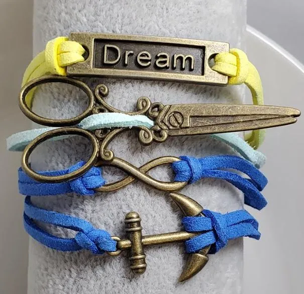 Bracelets alice AZ1109 Blue Yellow Scissor Dream Anchor Infinity Layer Leather Bracelet Bracelets alice AZ1109 Blue Yellow Scissor Dream Anchor Infinity Layer Leather Bracelet
