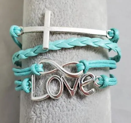Bracelets alice AZ1348 Mint Green Cross Love Infinity Layer Leather Bracelet